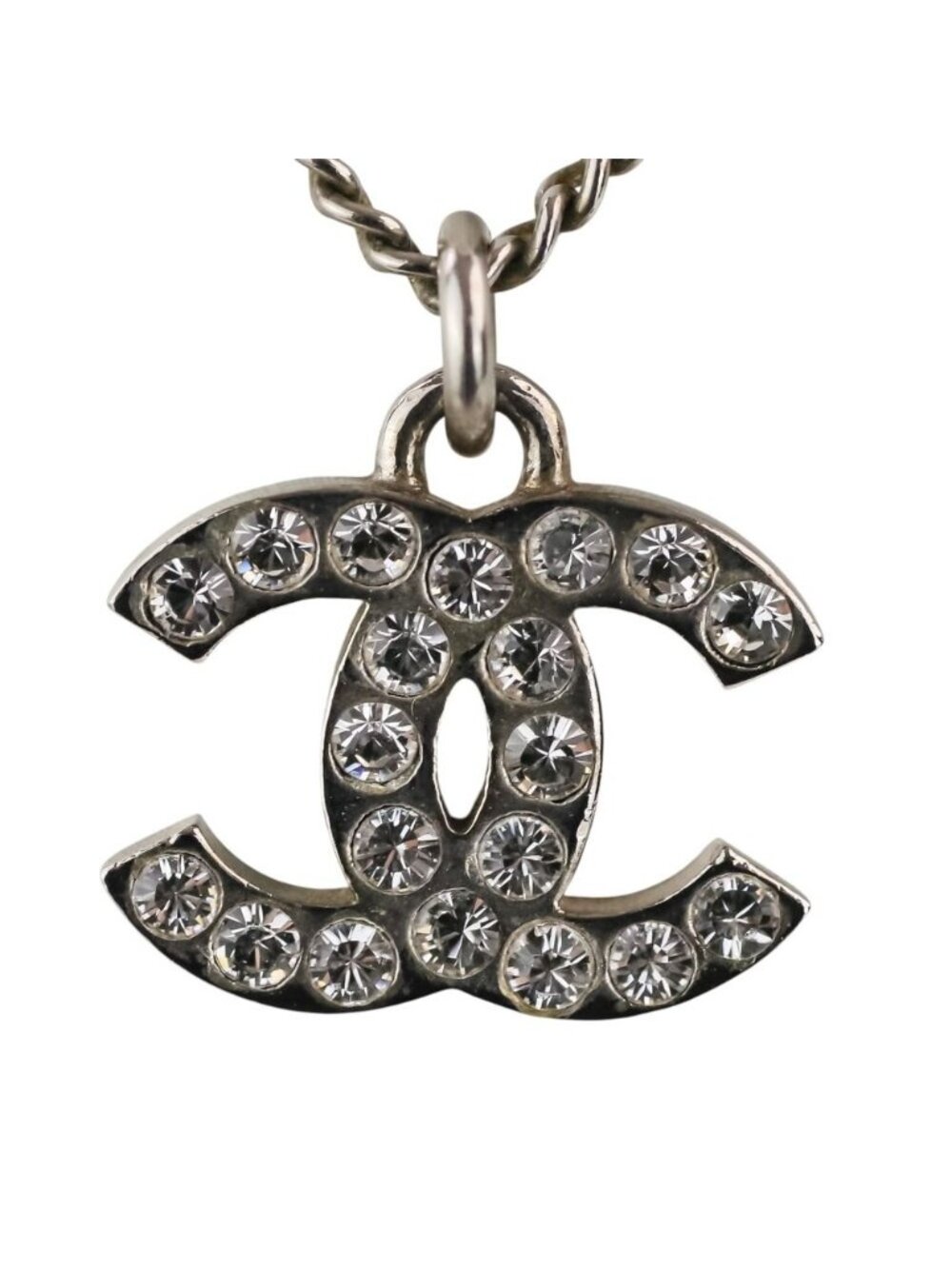 Chanel Rhinestone CC Logo Necklace Silver Colored